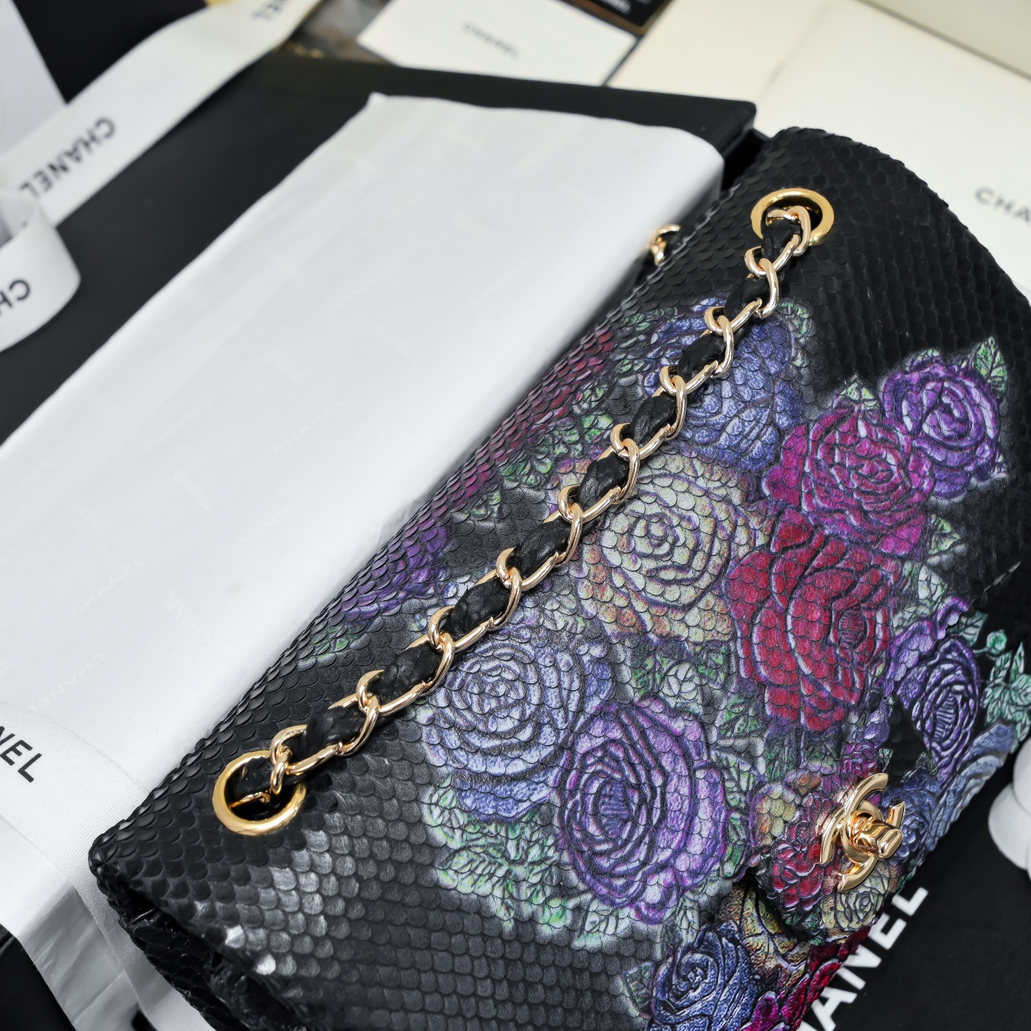 [TOP] CHANEL Snake Patterned Calfskin Medium Flab Bags 25.5x15.5x6.5cm - GHW