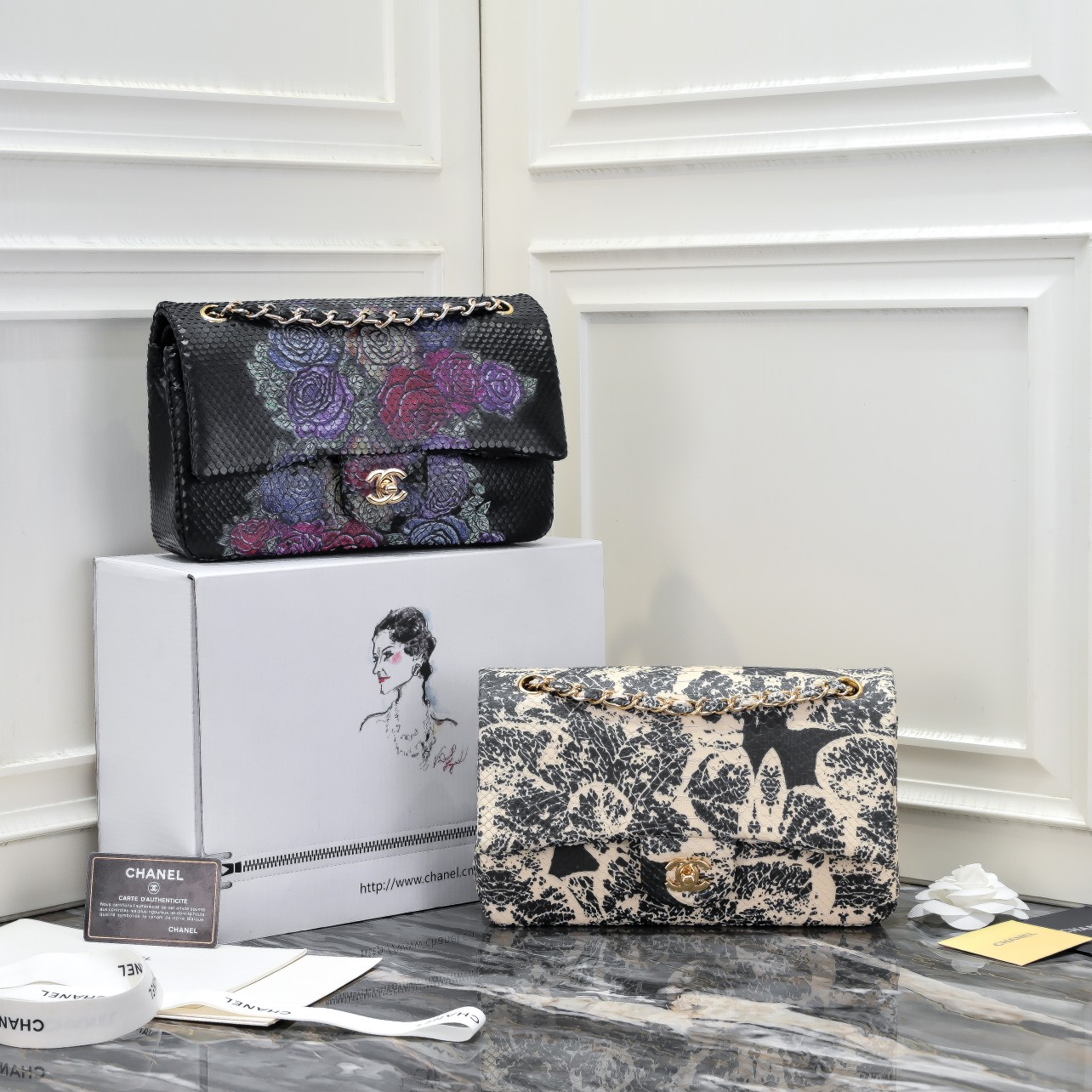 [TOP] CHANEL Snake Patterned Calfskin Medium Flab Bags 25.5x15.5x6.5cm - GHW