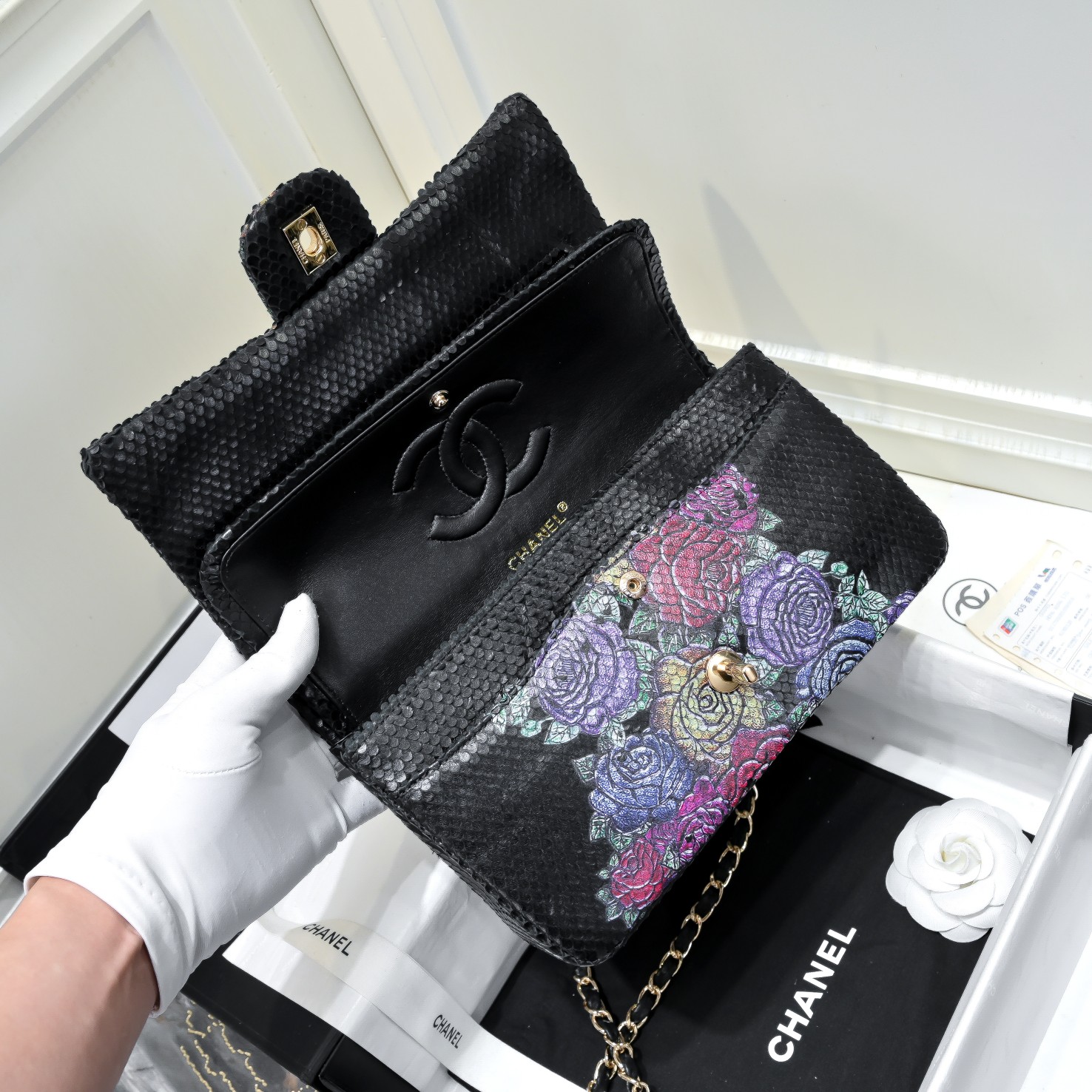 [TOP] CHANEL Snake Patterned Calfskin Medium Flab Bags 25.5x15.5x6.5cm - GHW