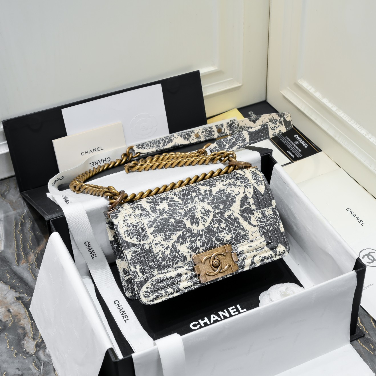 [TOP] CHANEL Snake Patterned Calfskin  Small Le Boy Bags