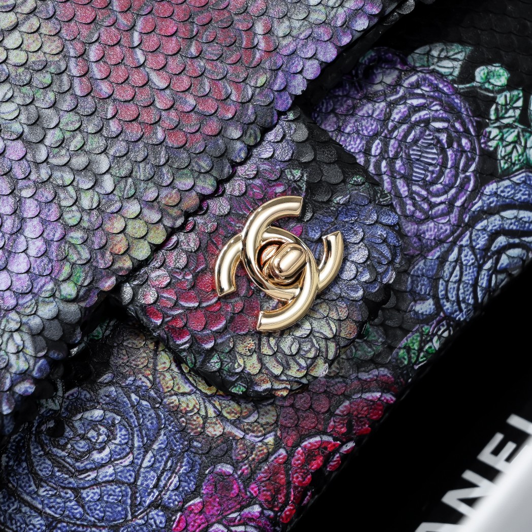 [TOP] CHANEL Snake Patterned Calfskin Medium Flab Bags 25.5x15.5x6.5cm - GHW