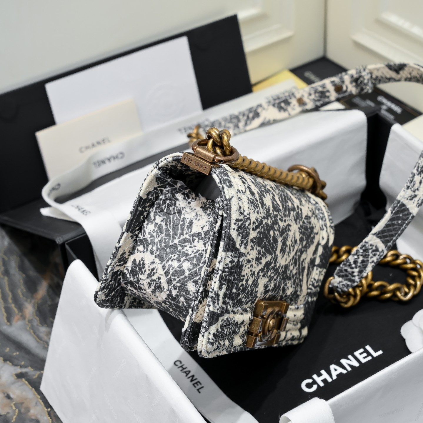 [TOP] CHANEL Snake Patterned Calfskin  Small Le Boy Bags