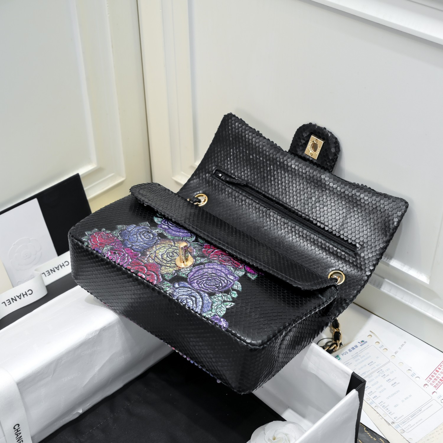 [TOP] CHANEL Snake Patterned Calfskin Medium Flab Bags 25.5x15.5x6.5cm - GHW