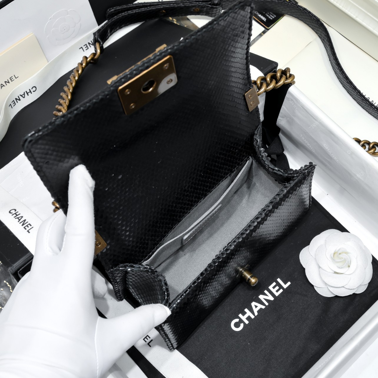 [TOP] CHANEL Snake Patterned Calfskin  Small Le Boy Bags