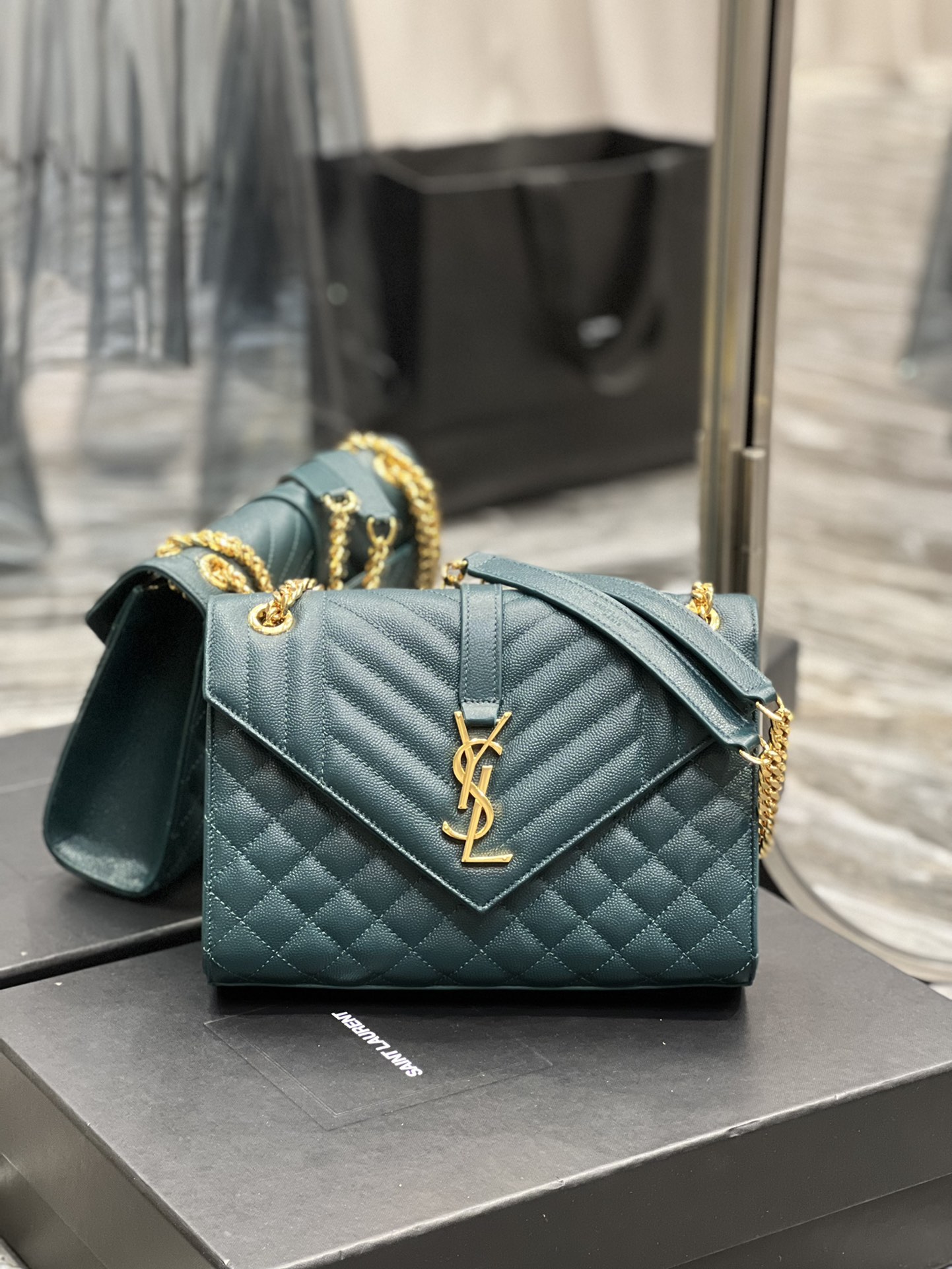 [TOP] Yves Saint Laurent YSL Medium Caviar Pattern Envelope Bags - Turquoise&GHW