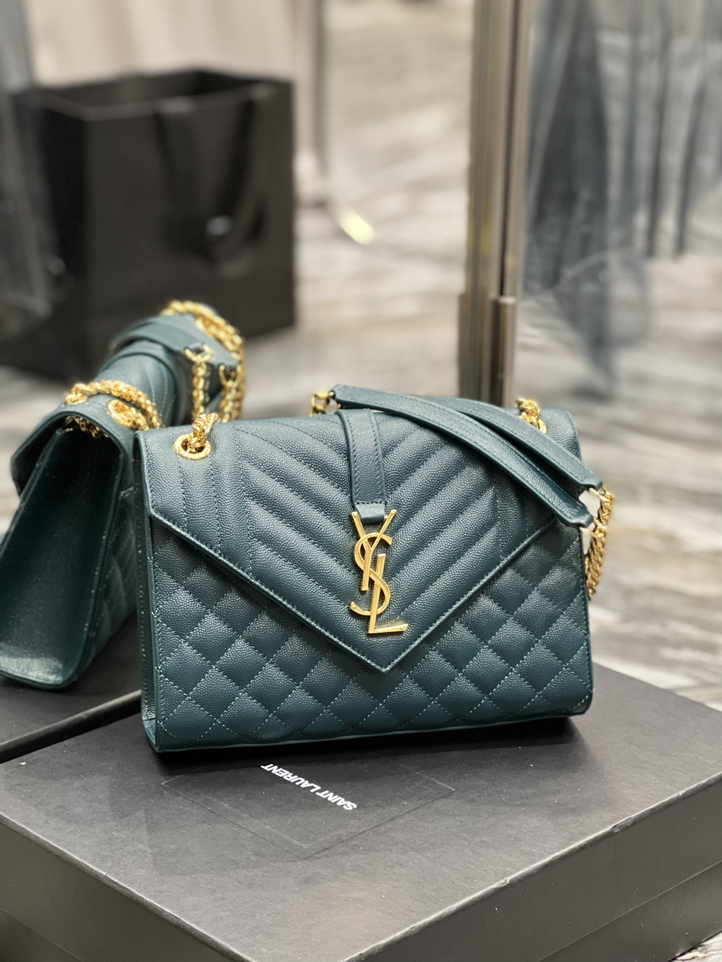 [TOP] Yves Saint Laurent YSL Medium Caviar Pattern Envelope Bags - Turquoise&GHW