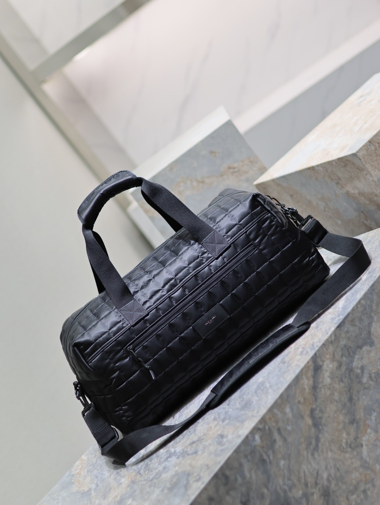 [TOP] Yves Saint Laurent YSL Nylon Plaid Travel Handbag - Black