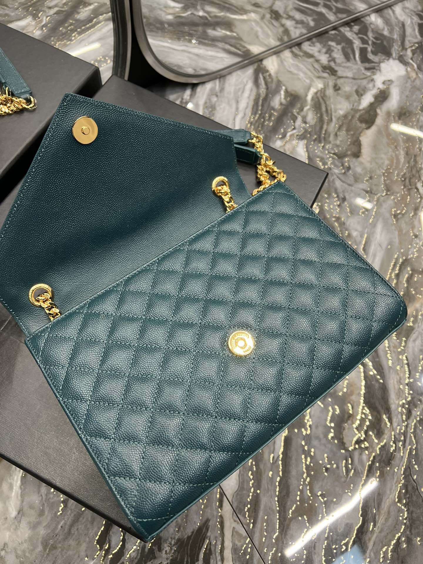[TOP] Yves Saint Laurent YSL Medium Caviar Pattern Envelope Bags - Turquoise&GHW
