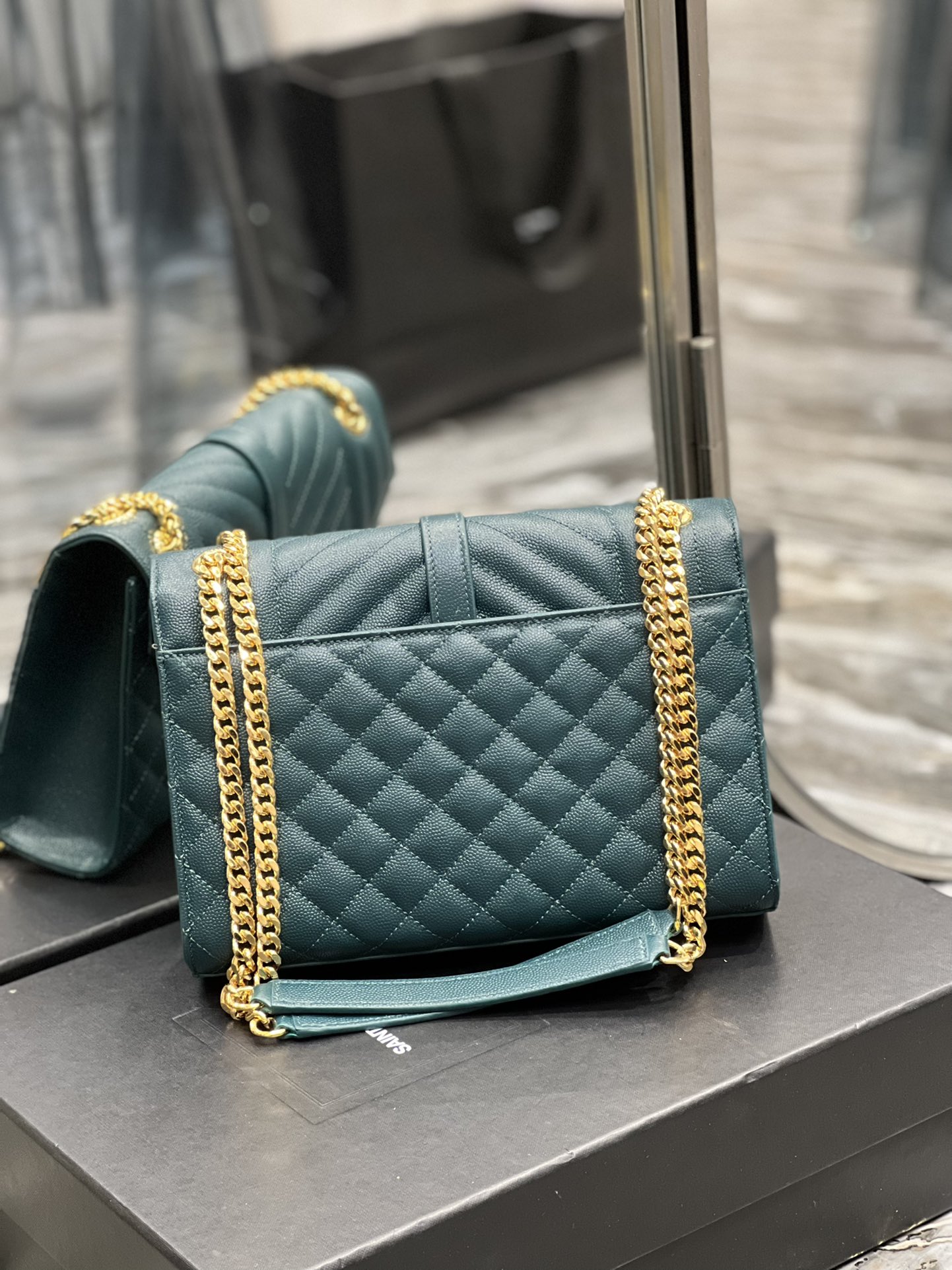 [TOP] Yves Saint Laurent YSL Medium Caviar Pattern Envelope Bags - Turquoise&GHW