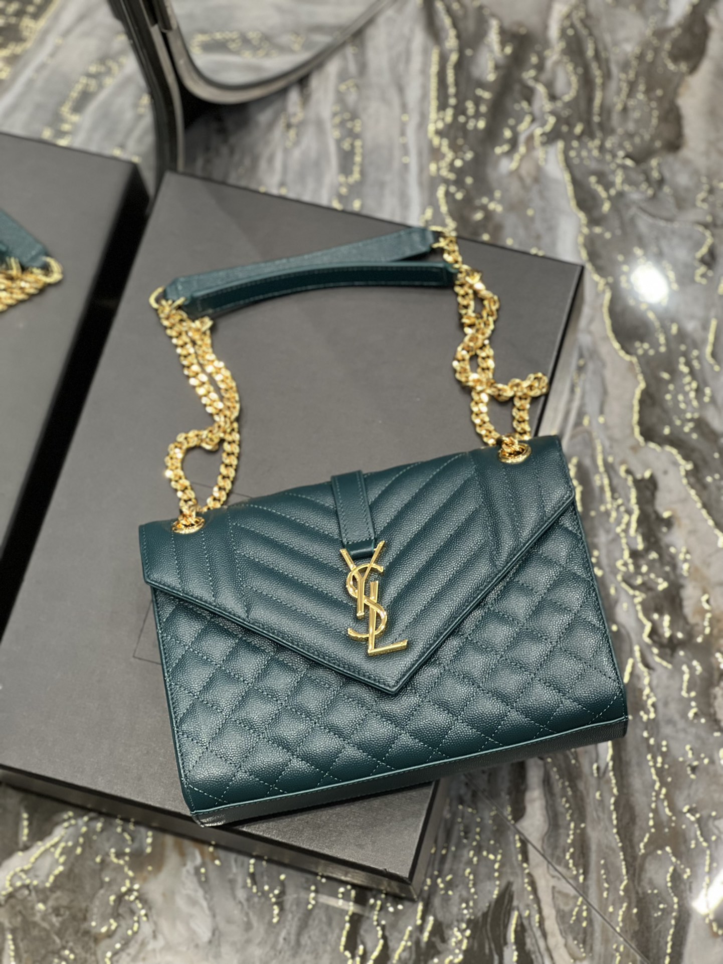 [TOP] Yves Saint Laurent YSL Medium Caviar Pattern Envelope Bags - Turquoise&GHW