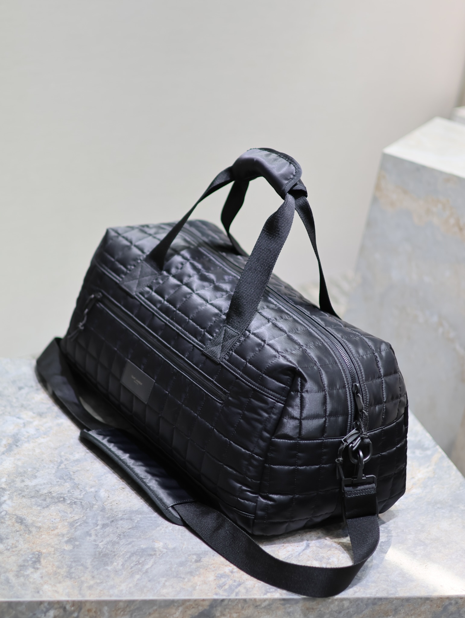 [TOP] Yves Saint Laurent YSL Nylon Plaid Travel Handbag - Black