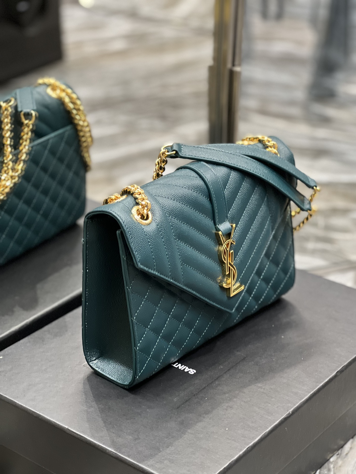 [TOP] Yves Saint Laurent YSL Medium Caviar Pattern Envelope Bags - Turquoise&GHW