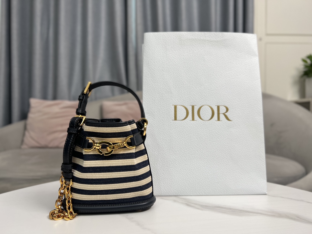 [TOP] Christian Dior Navy Style Deep Blue Striped Bucket Bags 17 x 7 x 18 cm/24 x 10 x 24.5 cm - GHW