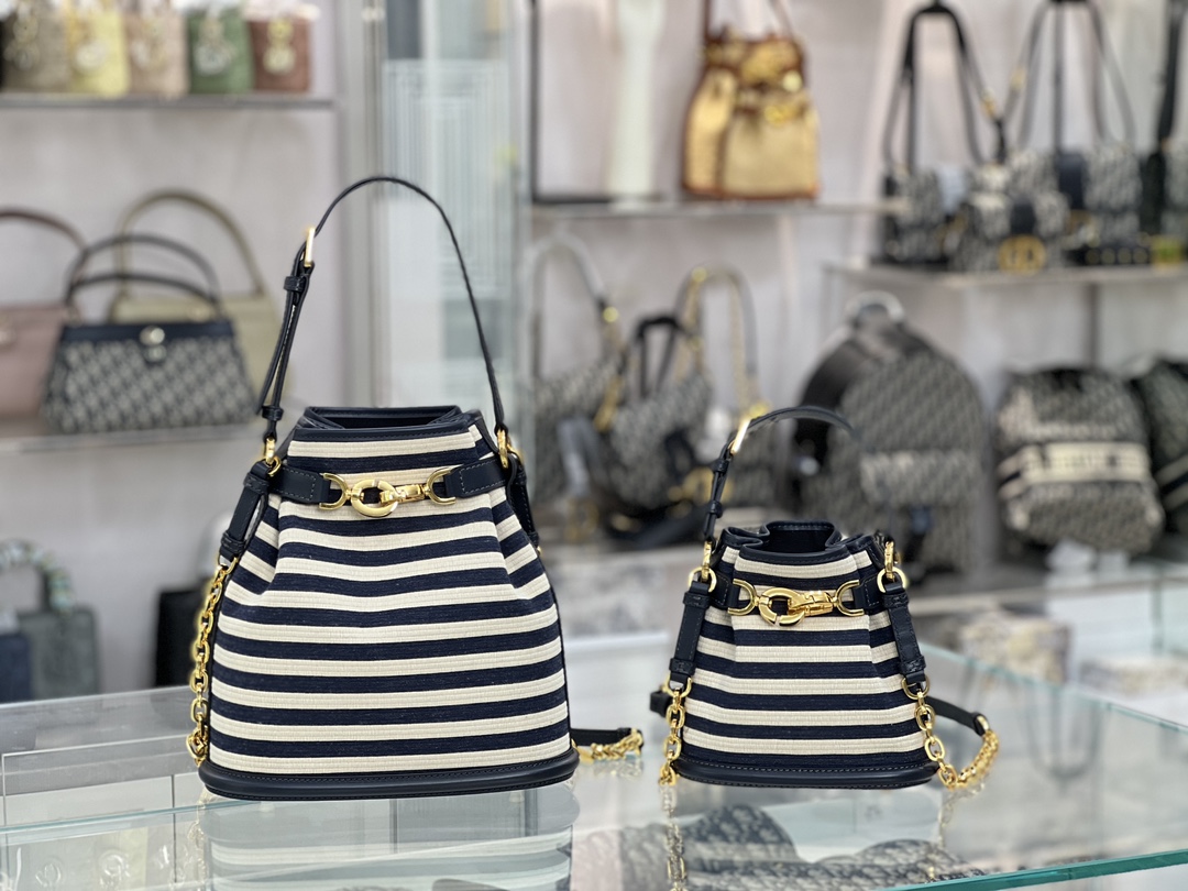 [TOP] Christian Dior Navy Style Deep Blue Striped Bucket Bags 17 x 7 x 18 cm/24 x 10 x 24.5 cm - GHW