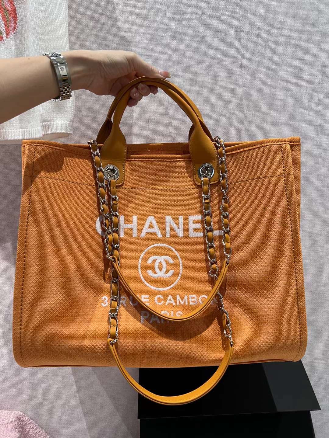 [TOP] CHANEL Deauville Tote Shopping Bag 38cm - Orange