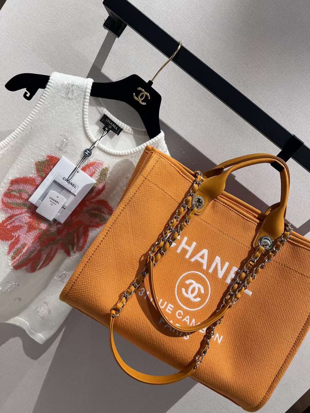[TOP] CHANEL Deauville Tote Shopping Bag 38cm - Orange