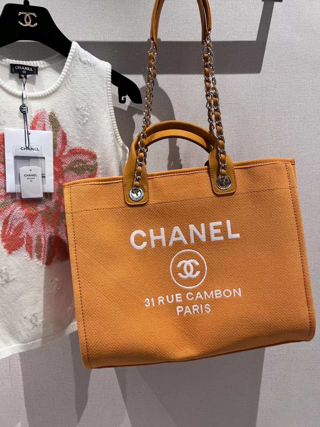 [TOP] CHANEL Deauville Tote Shopping Bag 38cm - Orange