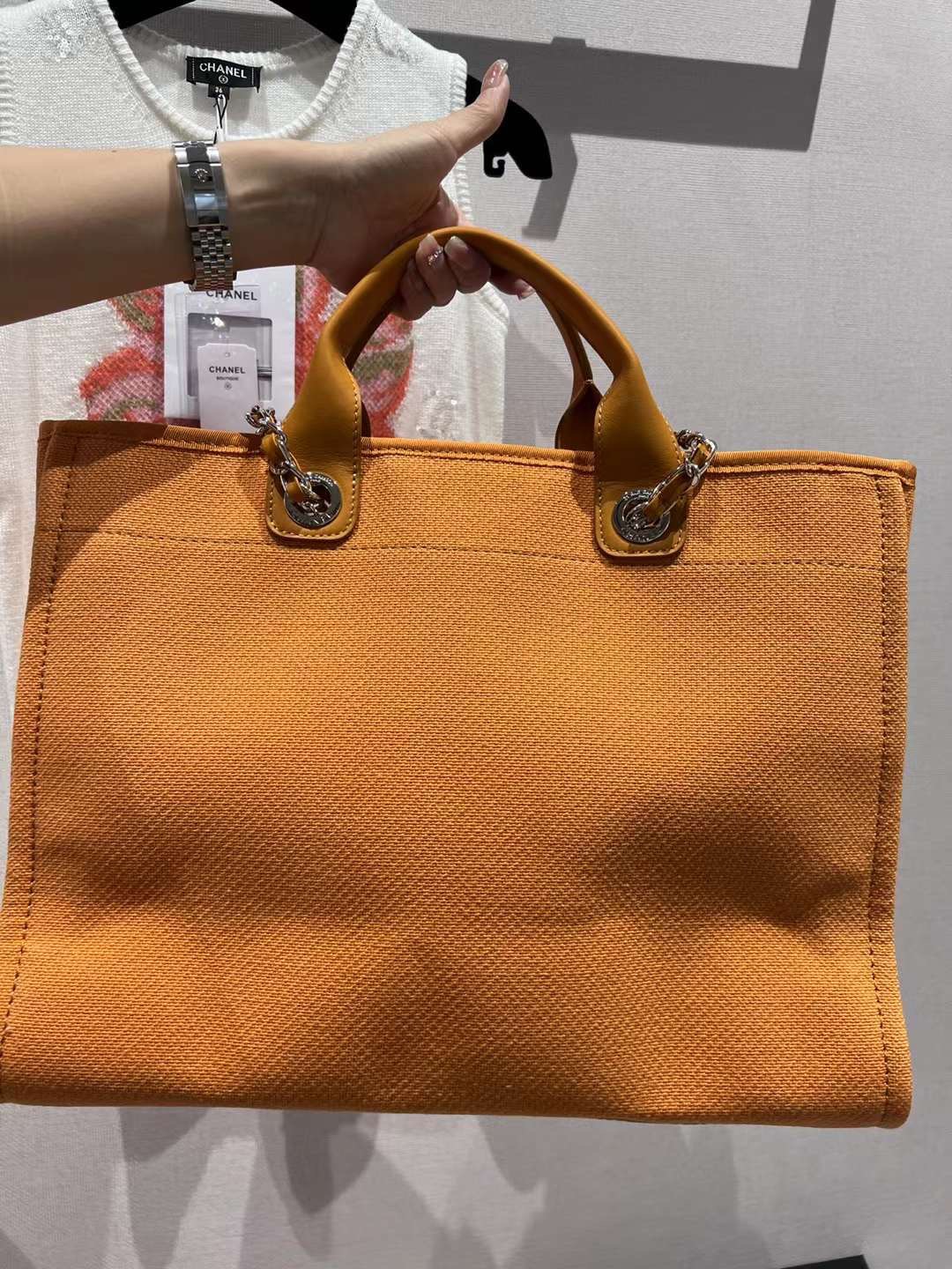 [TOP] CHANEL Deauville Tote Shopping Bag 38cm - Orange