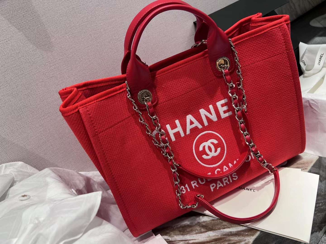 [TOP] CHANEL Deauville Tote Shopping Bag 35cm - Red