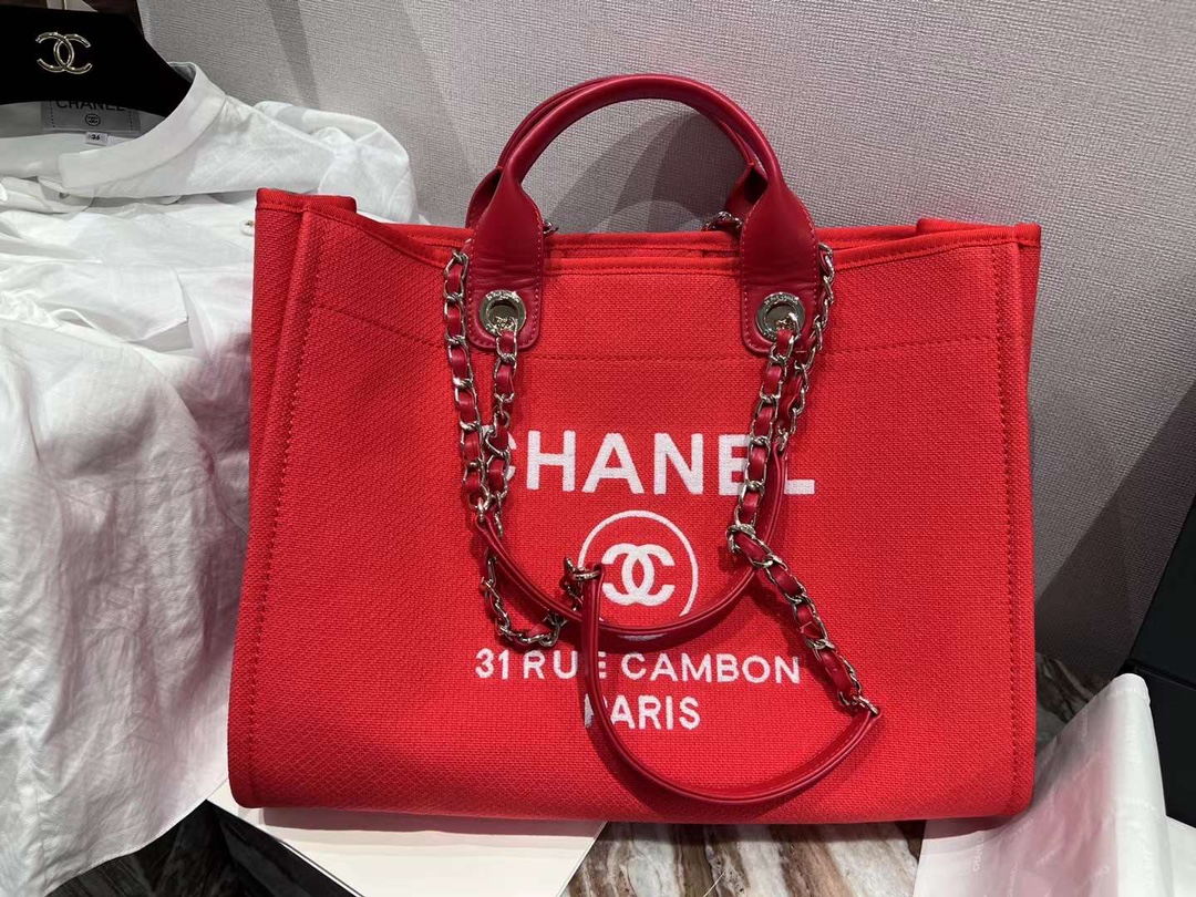 [TOP] CHANEL Deauville Tote Shopping Bag 35cm - Red