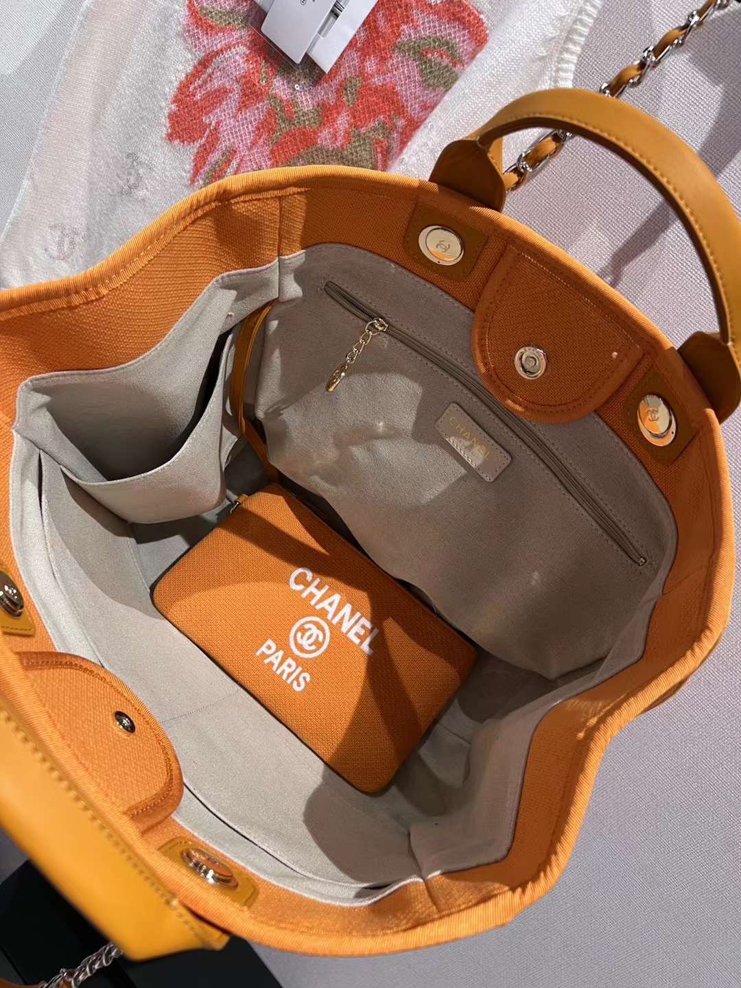[TOP] CHANEL Deauville Tote Shopping Bag 38cm - Orange