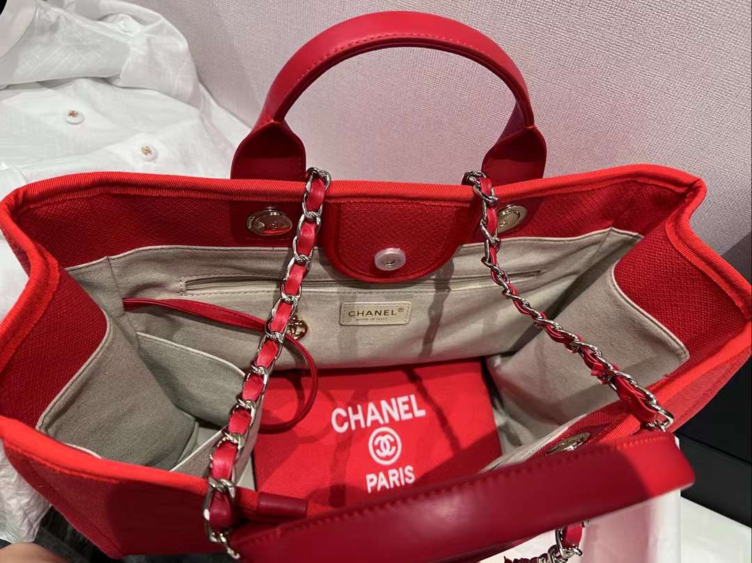 [TOP] CHANEL Deauville Tote Shopping Bag 35cm - Red
