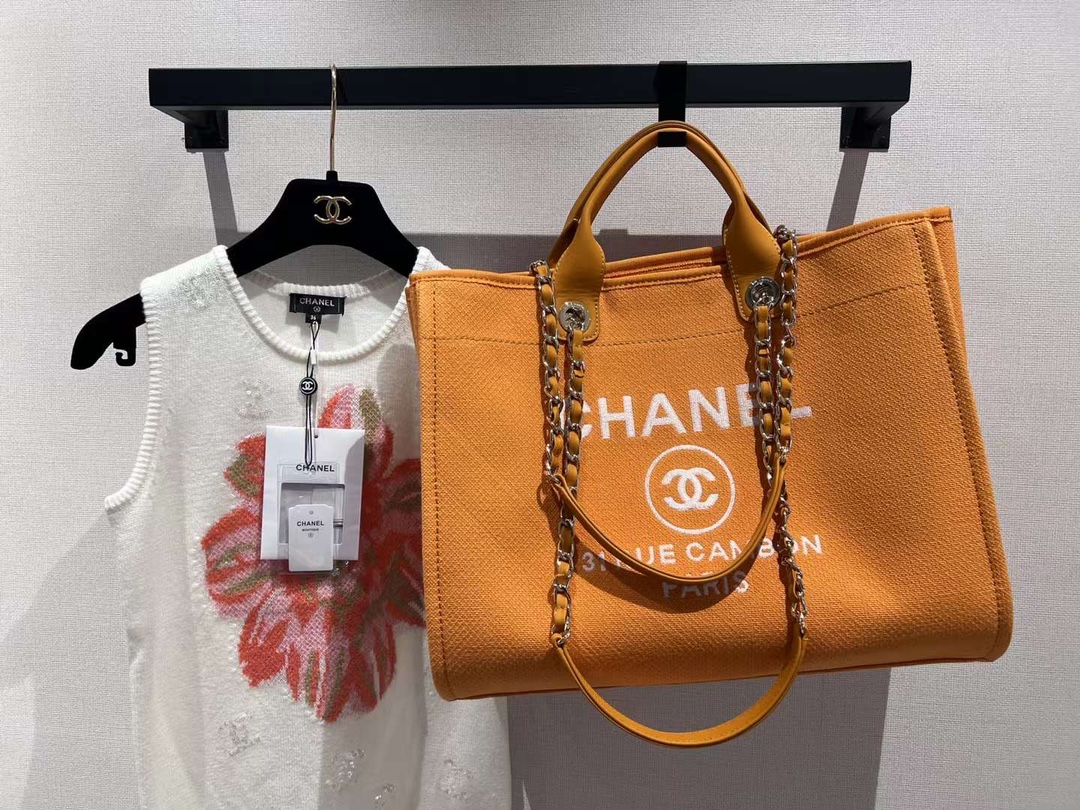 [TOP] CHANEL Deauville Tote Shopping Bag 38cm - Orange