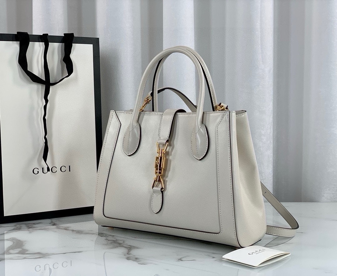 [TOP] GUCCI Jackie 1961 Series Tote Bag 30x24x12cm - White&GHW