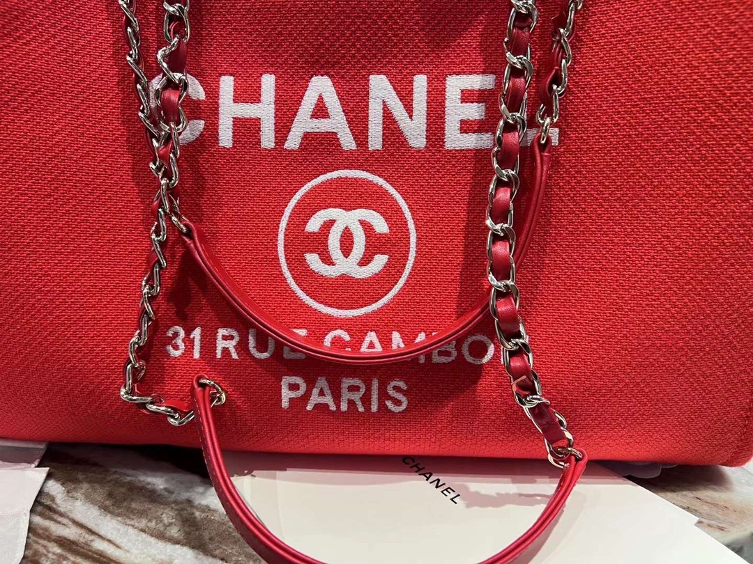 [TOP] CHANEL Deauville Tote Shopping Bag 35cm - Red
