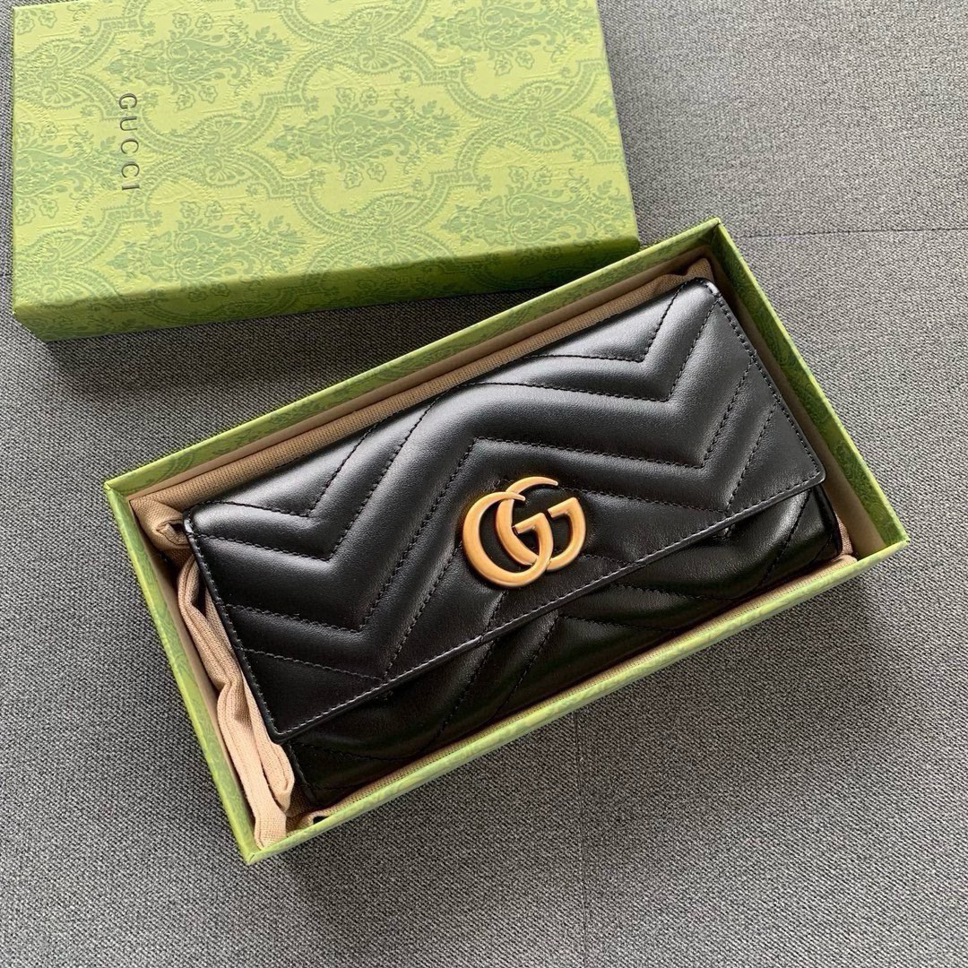 [TOP] GUCCI Marmont Series Flip Wallet - Black&GHW