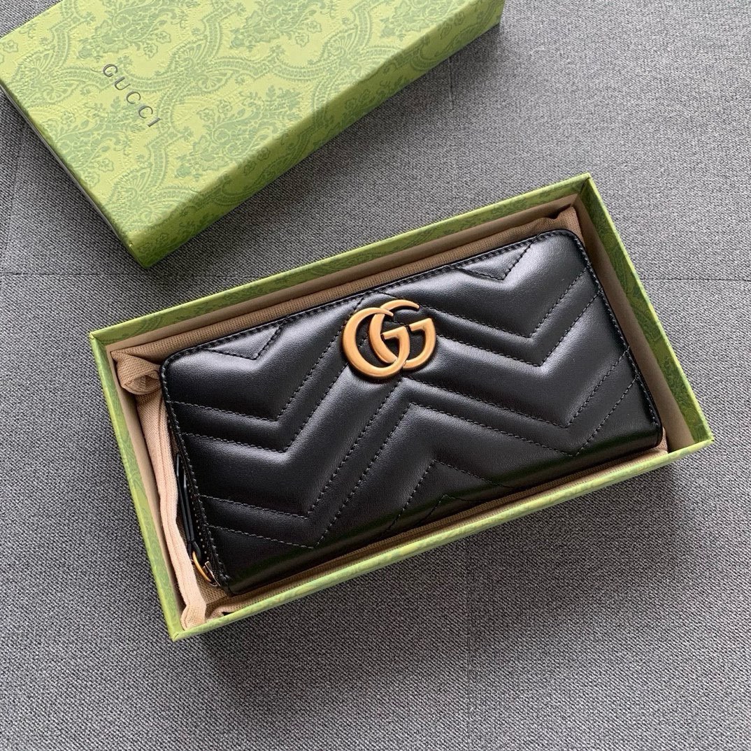 [TOP] GUCCI Marmont Series Zippered Wallet - Black&GHW