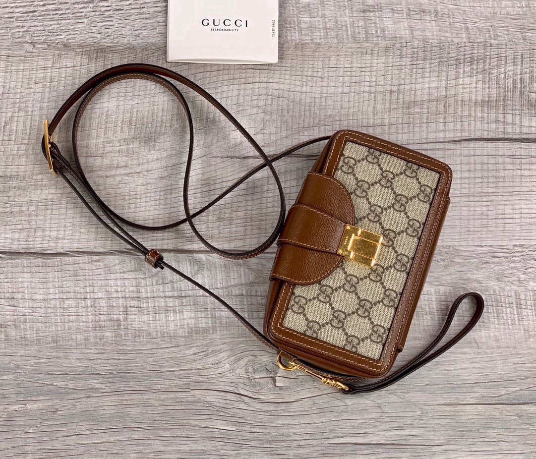 [TOP] GUCCI Brown Leather Handbag 18x10.5x6.5CM - GHW