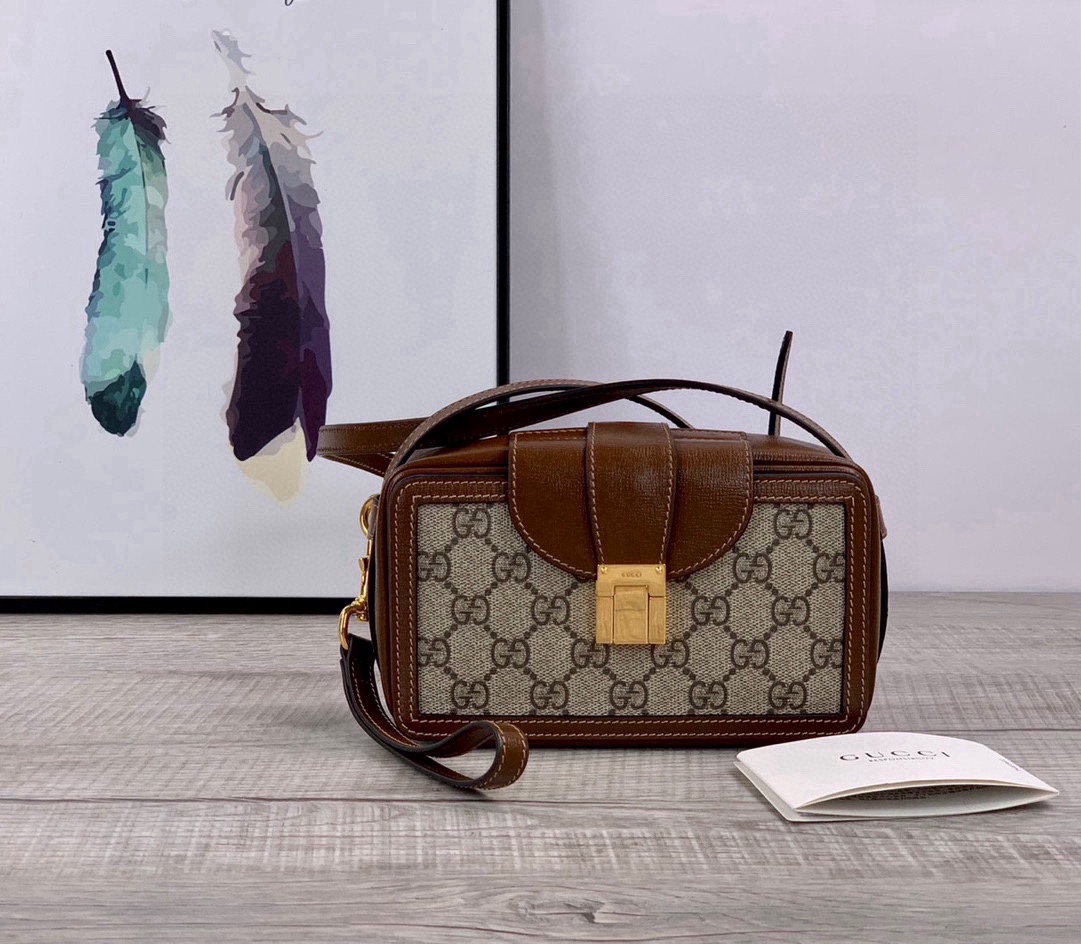 [TOP] GUCCI Brown Leather Handbag 18x10.5x6.5CM - GHW