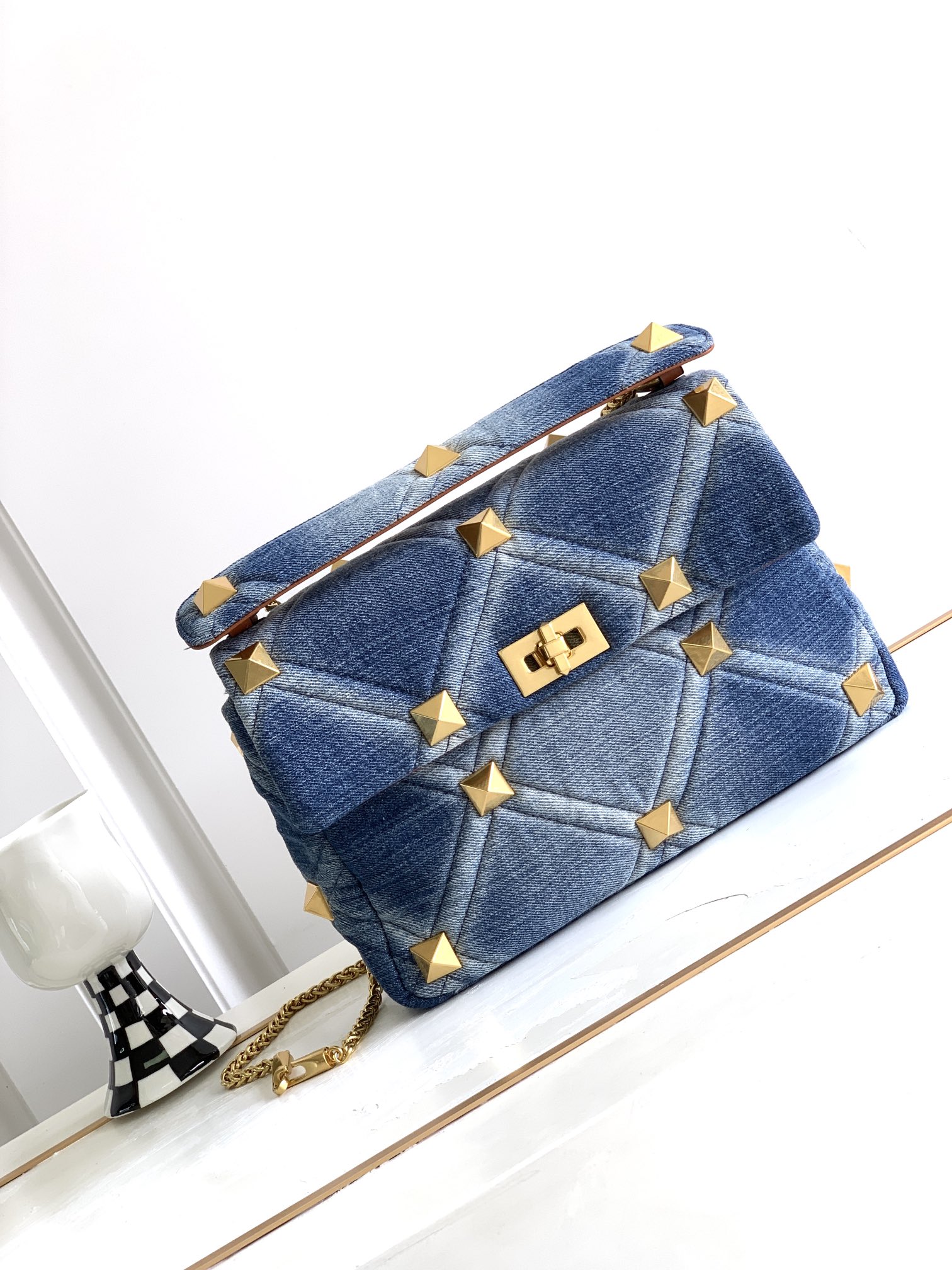 [TOP] VALENTINO Garavani Romanstud Bag 25x16x10cm/30x20x12cm - Denim