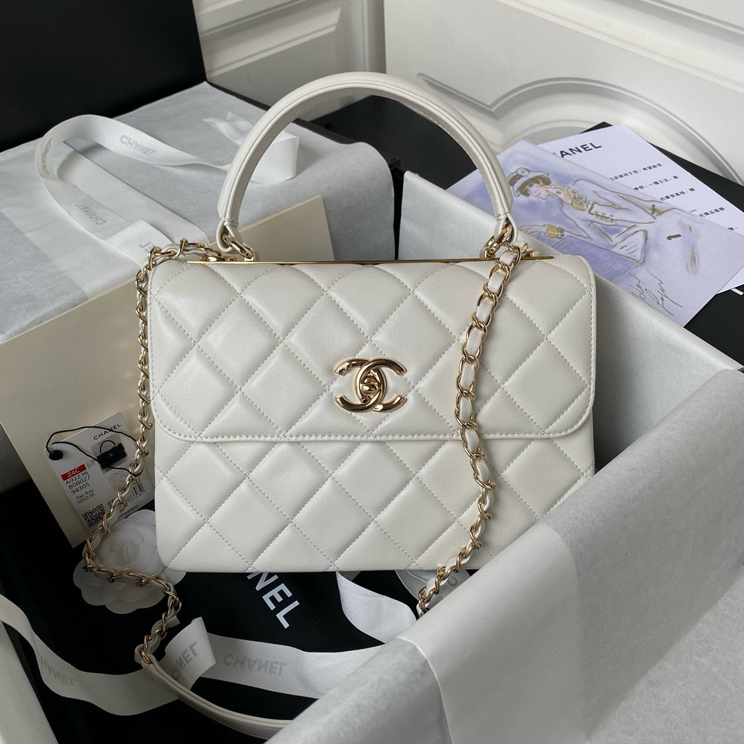 [TOP] CHANELHandle Trendy Bag Quilt 20cm/25cm - Off White & GHW
