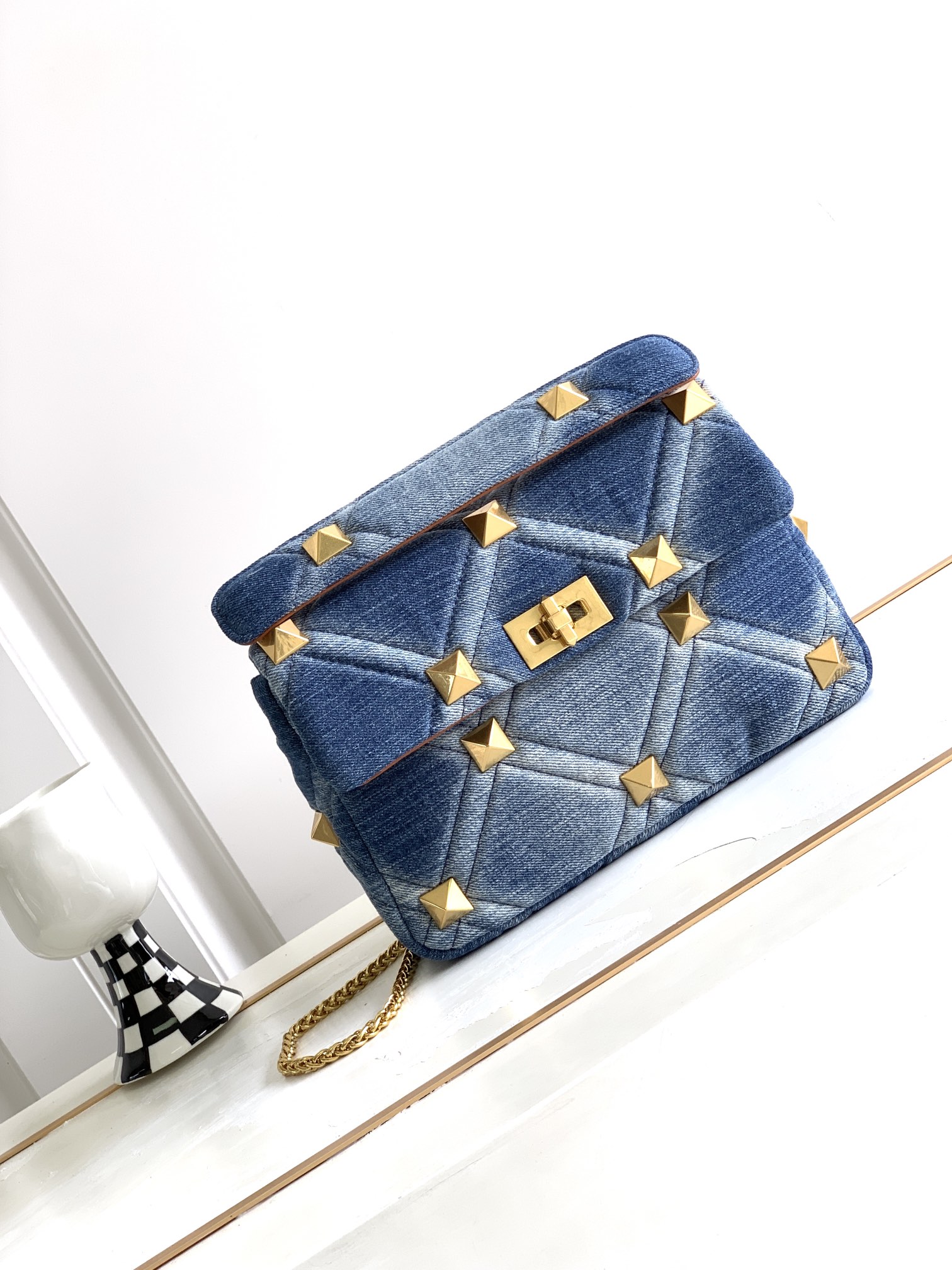 [TOP] VALENTINO Garavani Romanstud Bag 25x16x10cm/30x20x12cm - Denim