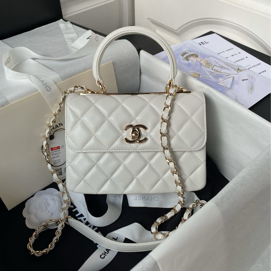 [TOP] CHANELHandle Trendy Bag Quilt 20cm/25cm - Off White & GHW