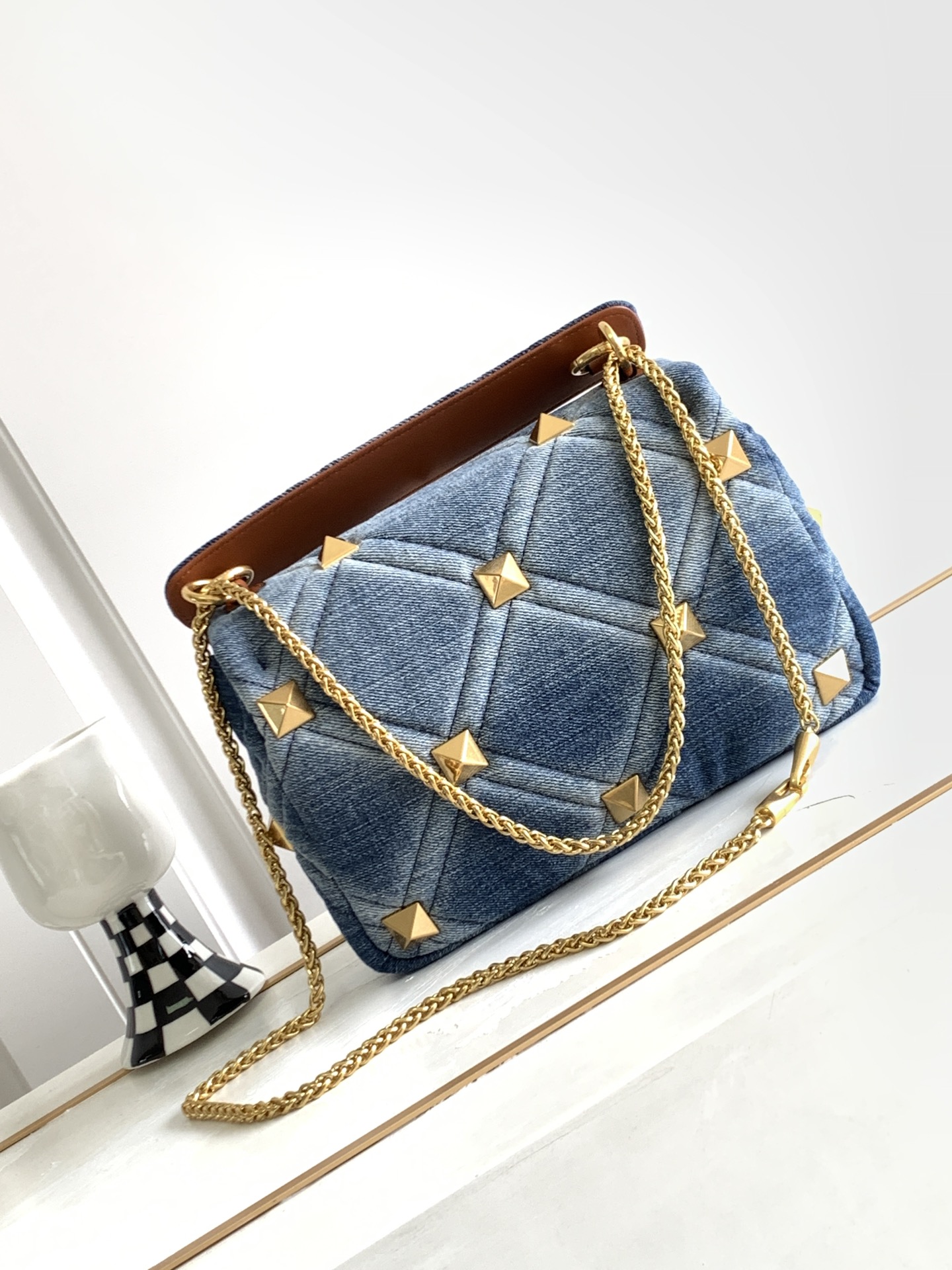 [TOP] VALENTINO Garavani Romanstud Bag 25x16x10cm/30x20x12cm - Denim