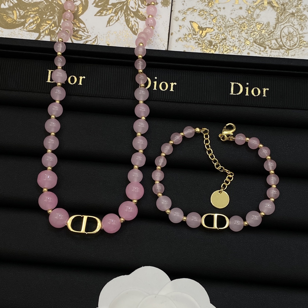 [TOP] Christian Dior Logo Bracelet + Necklace Set - Pink