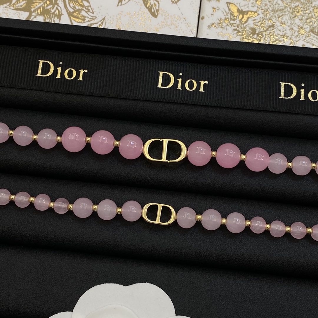 [TOP] Christian Dior Logo Bracelet + Necklace Set - Pink