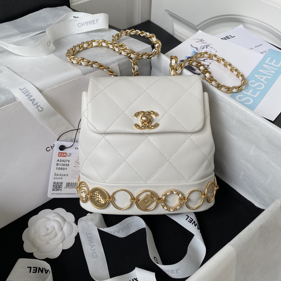 [TOP] CHANEL 23b Gold Coin Backpacks - 18X18X8cm - GHW - White/Black