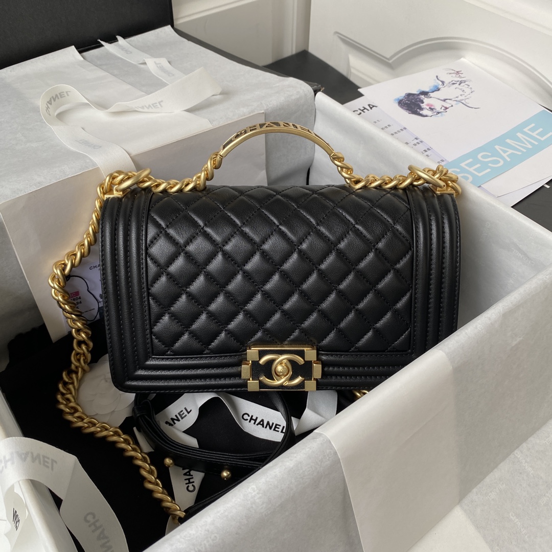 [TOP] CHANEL Metal handle Lambskin Le Boy Bag 20cm/25cm - Black & GHW