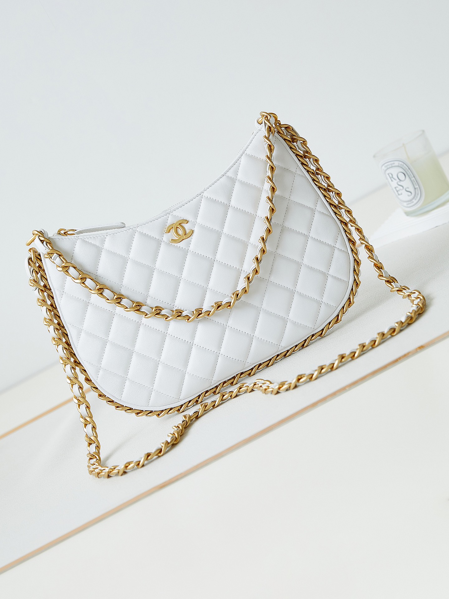 [TOP] CHANEL Chain Hobo Bags - 15×23.5×2cm/18×29×2cm - White&GHW