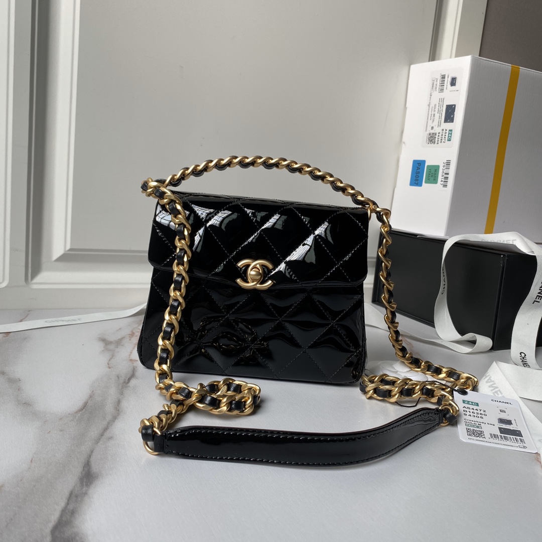 [TOP] CHANEL 24S patent Leather Handbag 18cm - Black&GHW