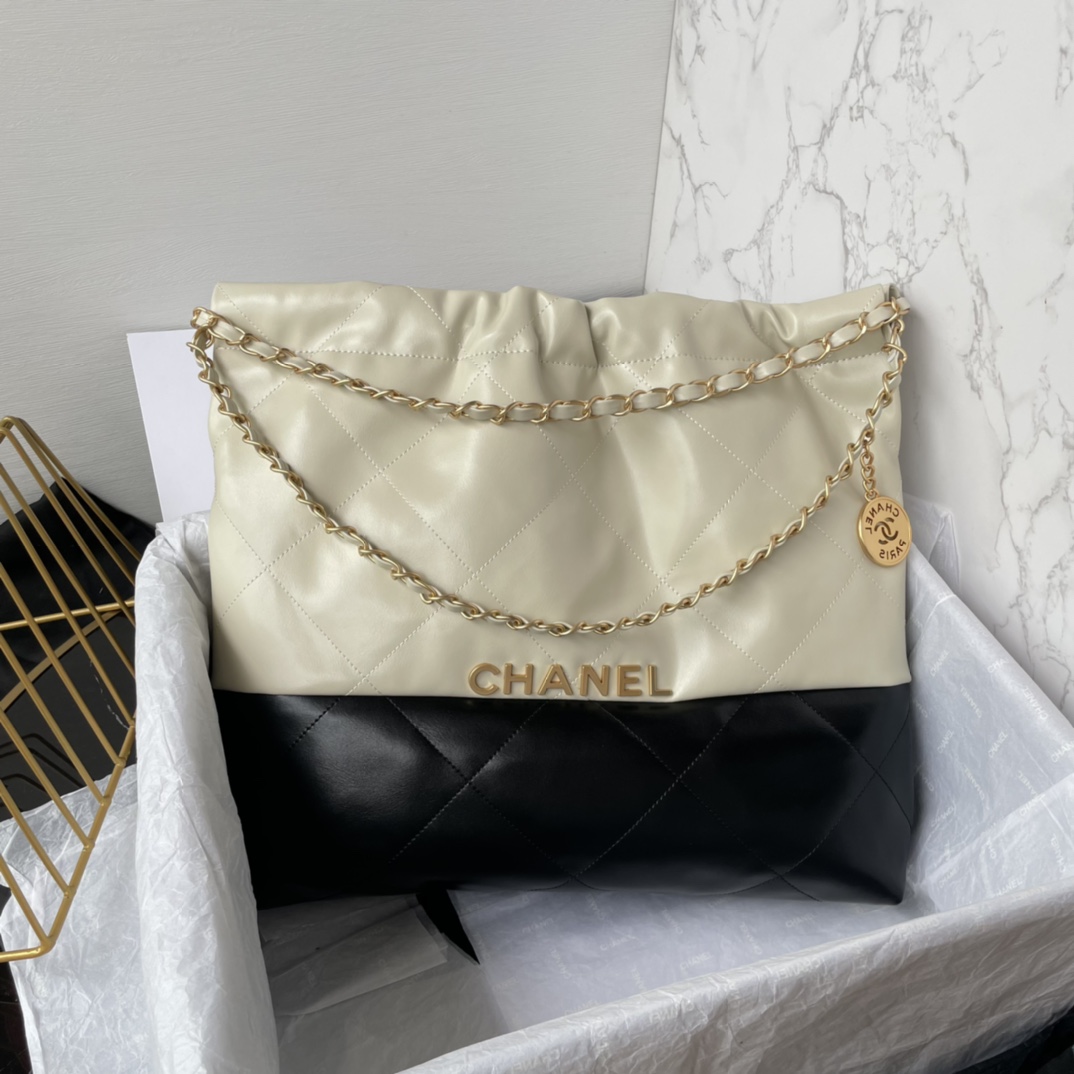 [TOP] CHANEL Lambskin 22 Bags 19x20x6cm/35x37x7cm/39x42x8cm - Beige Paired With Black - GWH