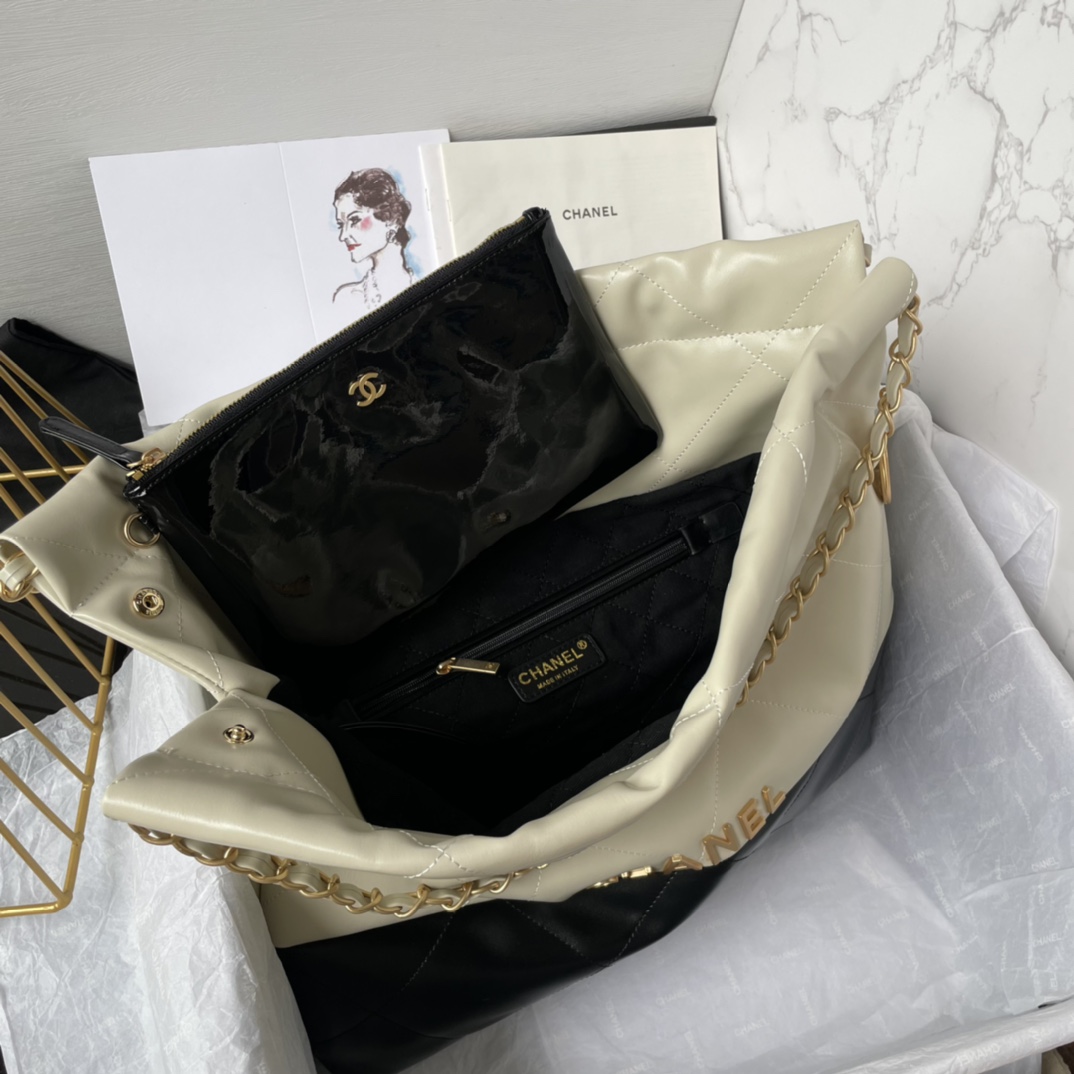 [TOP] CHANEL Lambskin 22 Bags 19x20x6cm/35x37x7cm/39x42x8cm - Beige Paired With Black - GWH