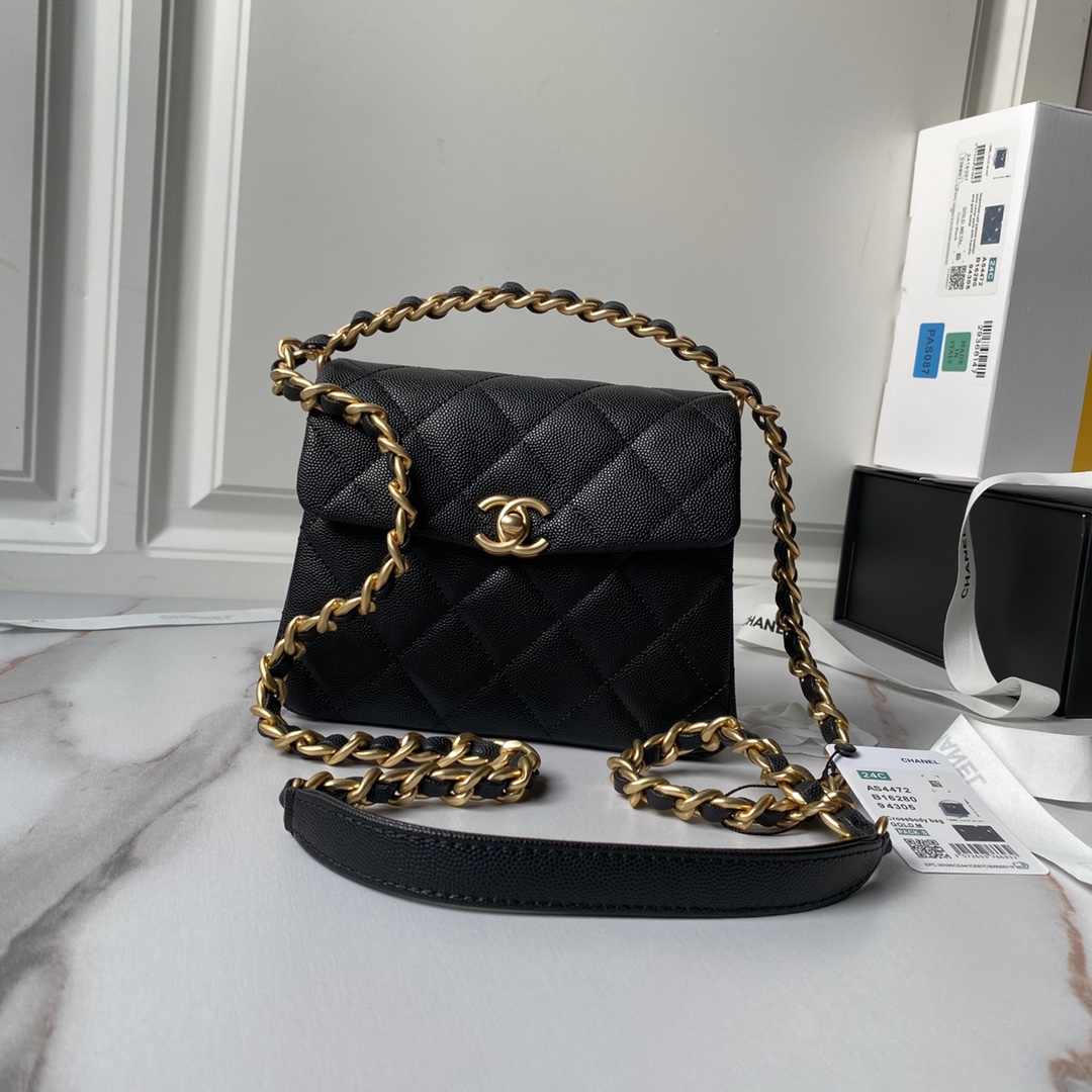 [TOP] CHANEL 24S Caviar Handbag 18cm - Black&GHW