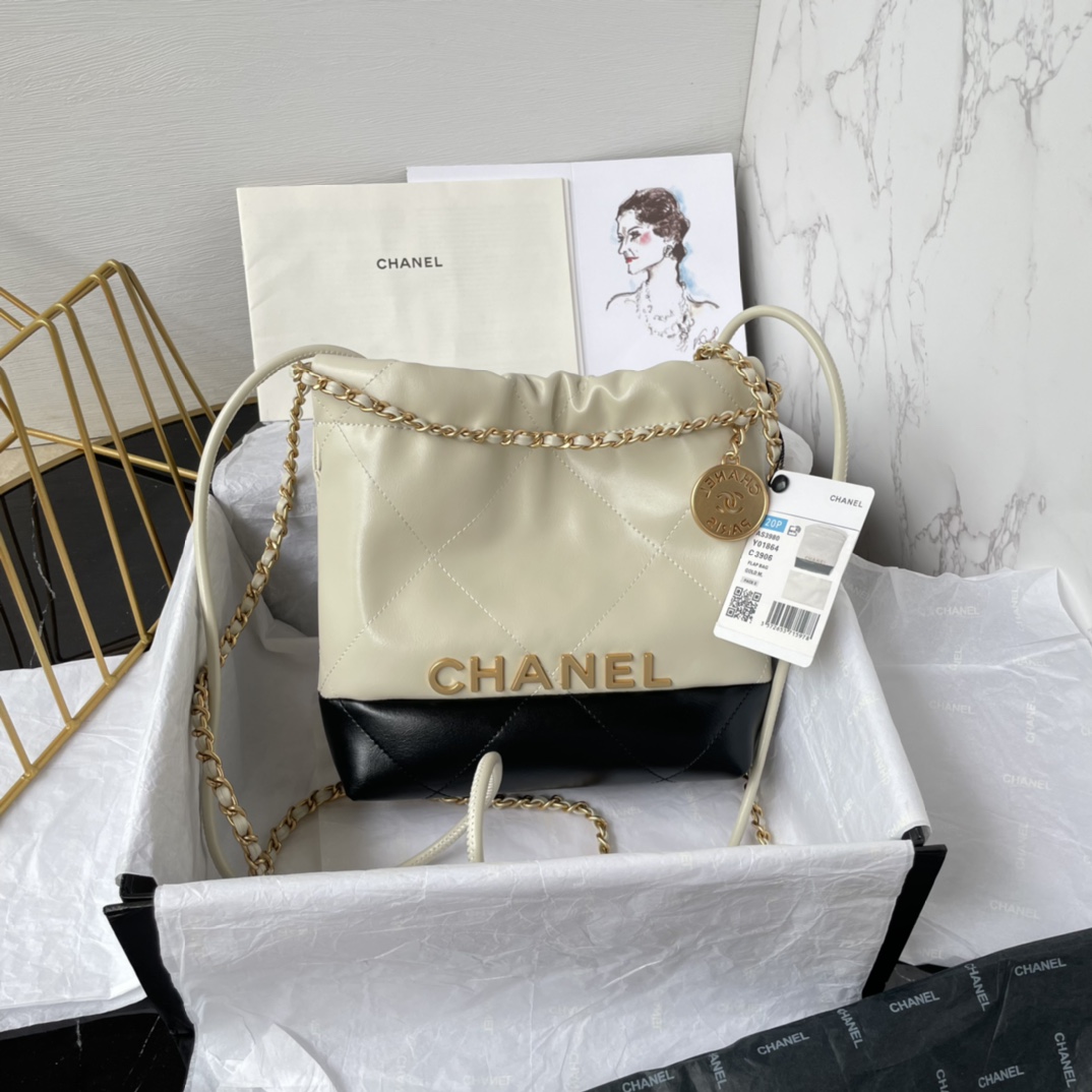 [TOP] CHANEL Lambskin 22 Bags 19x20x6cm/35x37x7cm/39x42x8cm - Beige Paired With Black - GWH