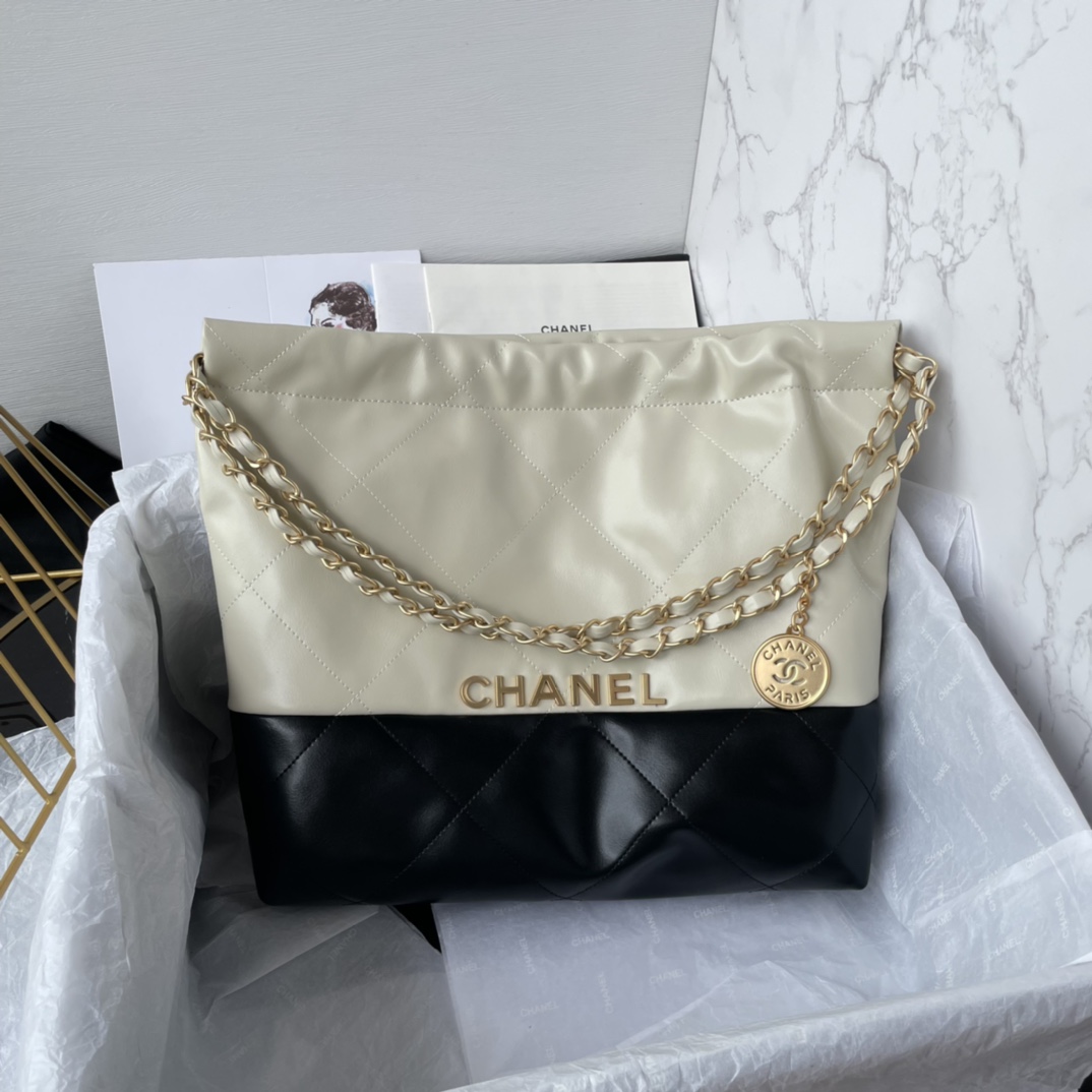 [TOP] CHANEL Lambskin 22 Bags 19x20x6cm/35x37x7cm/39x42x8cm - Beige Paired With Black - GWH