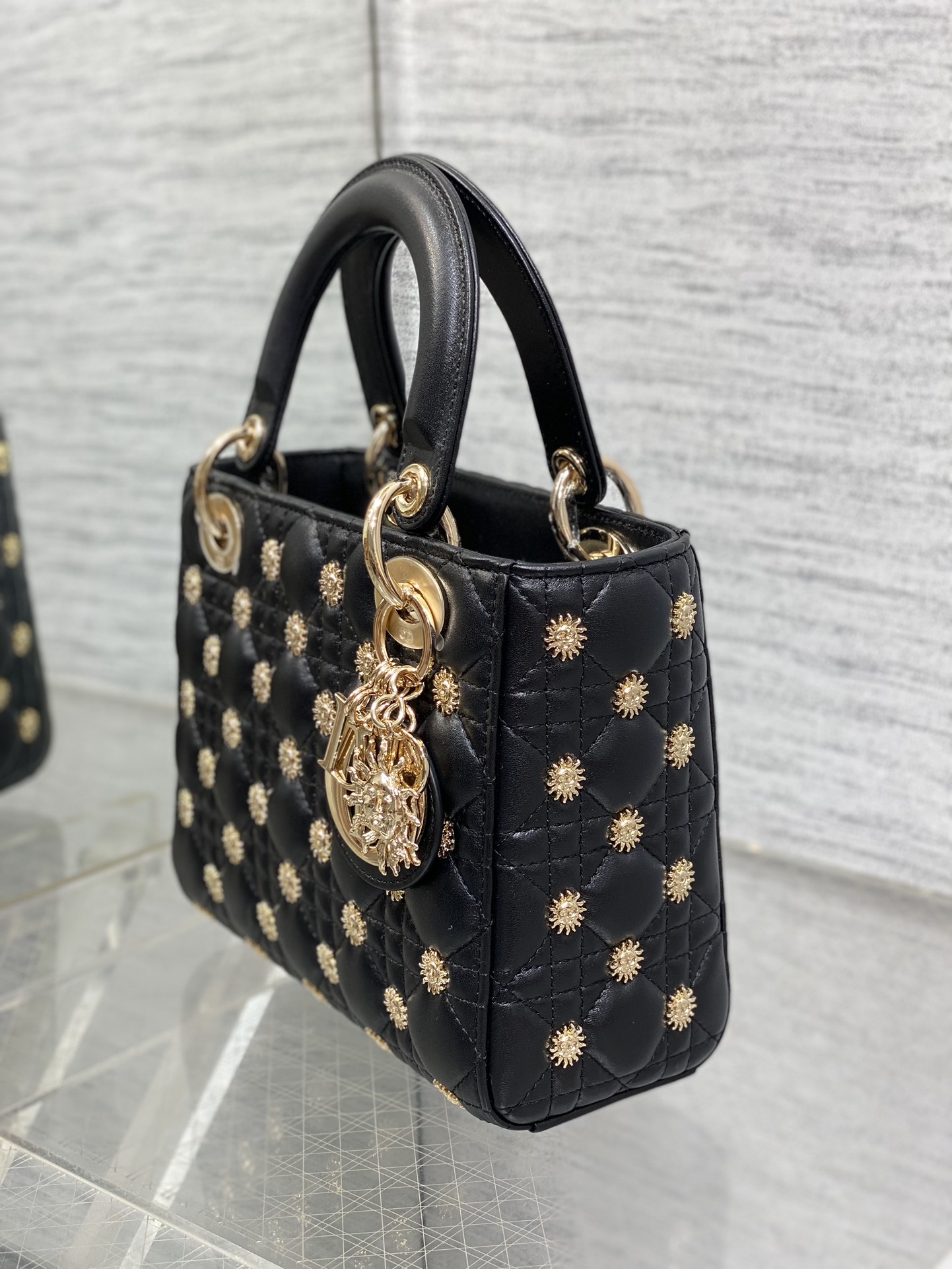 [TOP] Christian Dior Sun studded Lady Dior Bags 20cm - Black&GHW